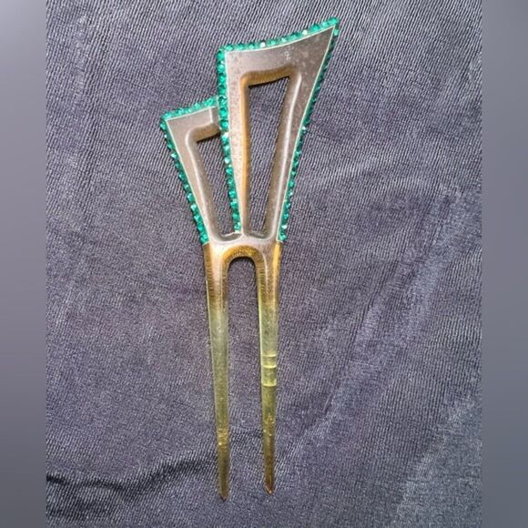 Vintage Art Deco Celluloid Hair Pin – Geometric Design with Blue Rhinestones main image 6